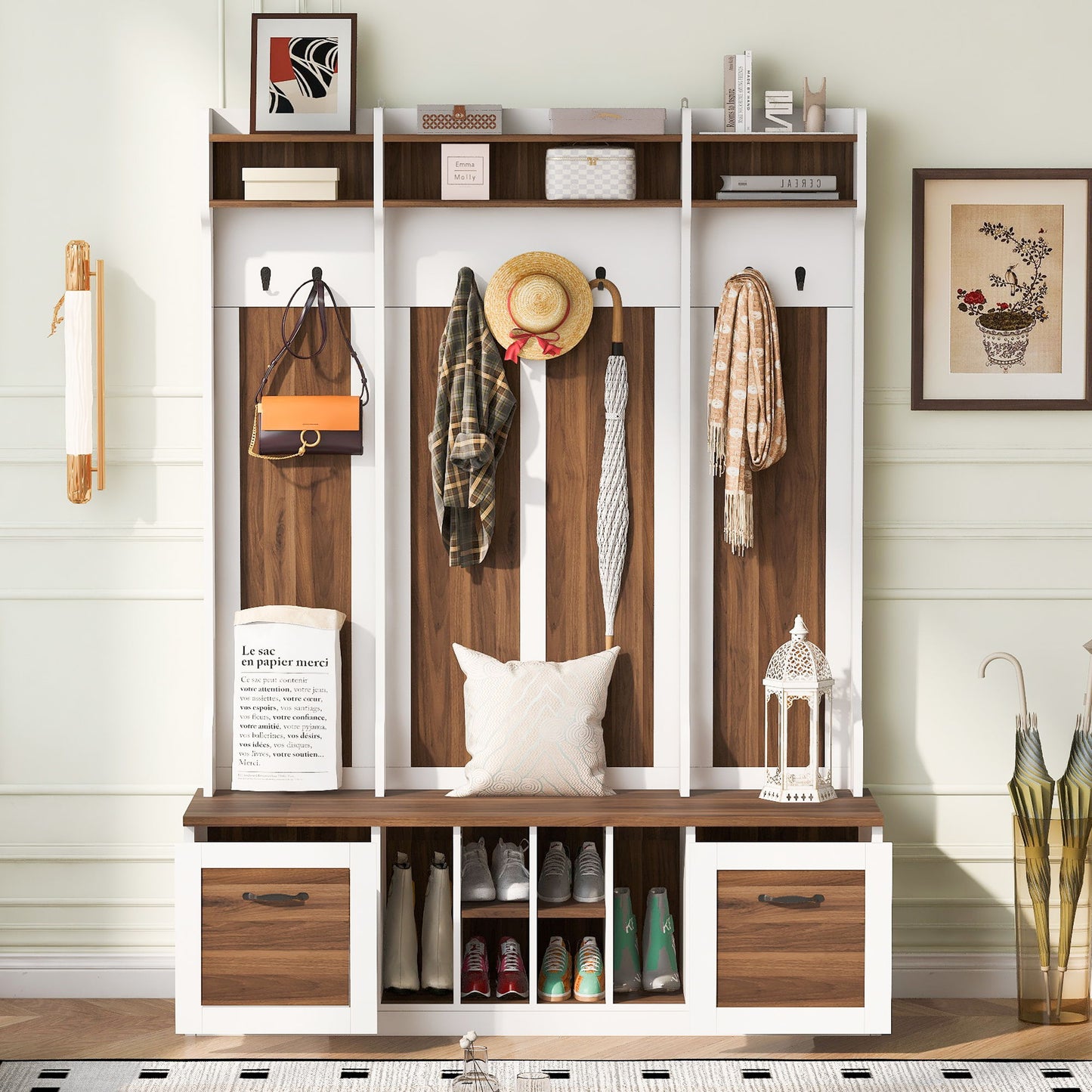 5 In 1 Entryway Bench With Coat Rack, 7 Sturdy Hooks, 2 Spacious Drawers And Adjustable Shelves, Wide Hall Tree With Metal Handles For Hallway - Brown / White