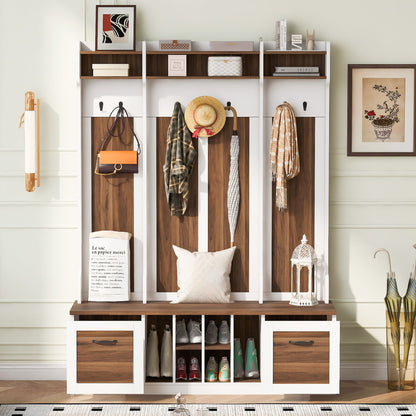 5 In 1 Entryway Bench With Coat Rack, 7 Sturdy Hooks, 2 Spacious Drawers And Adjustable Shelves, Wide Hall Tree With Metal Handles For Hallway - Brown / White