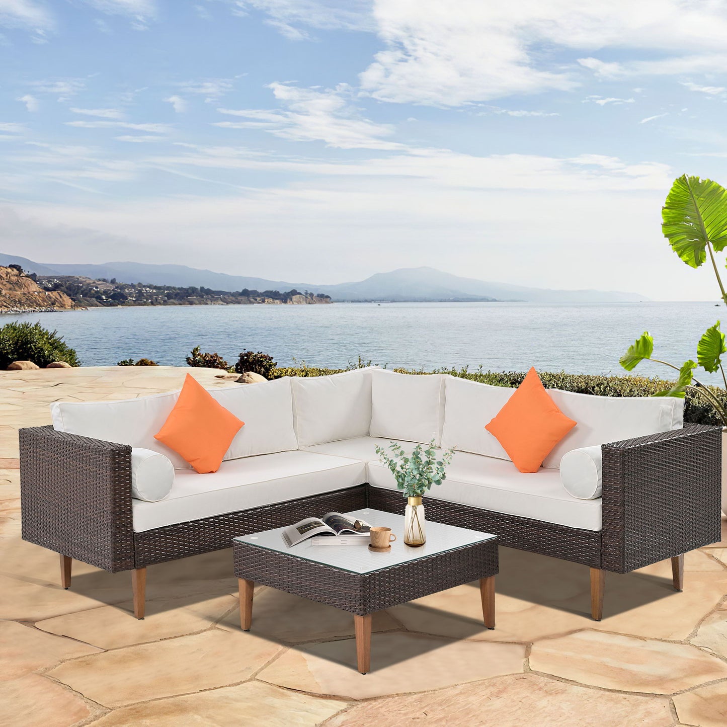 4 Pieces Outdoor Wicker Sofa Set, Patio Furniture With Colorful Pillows, L - Shape Sofa Set - Beige / Brown