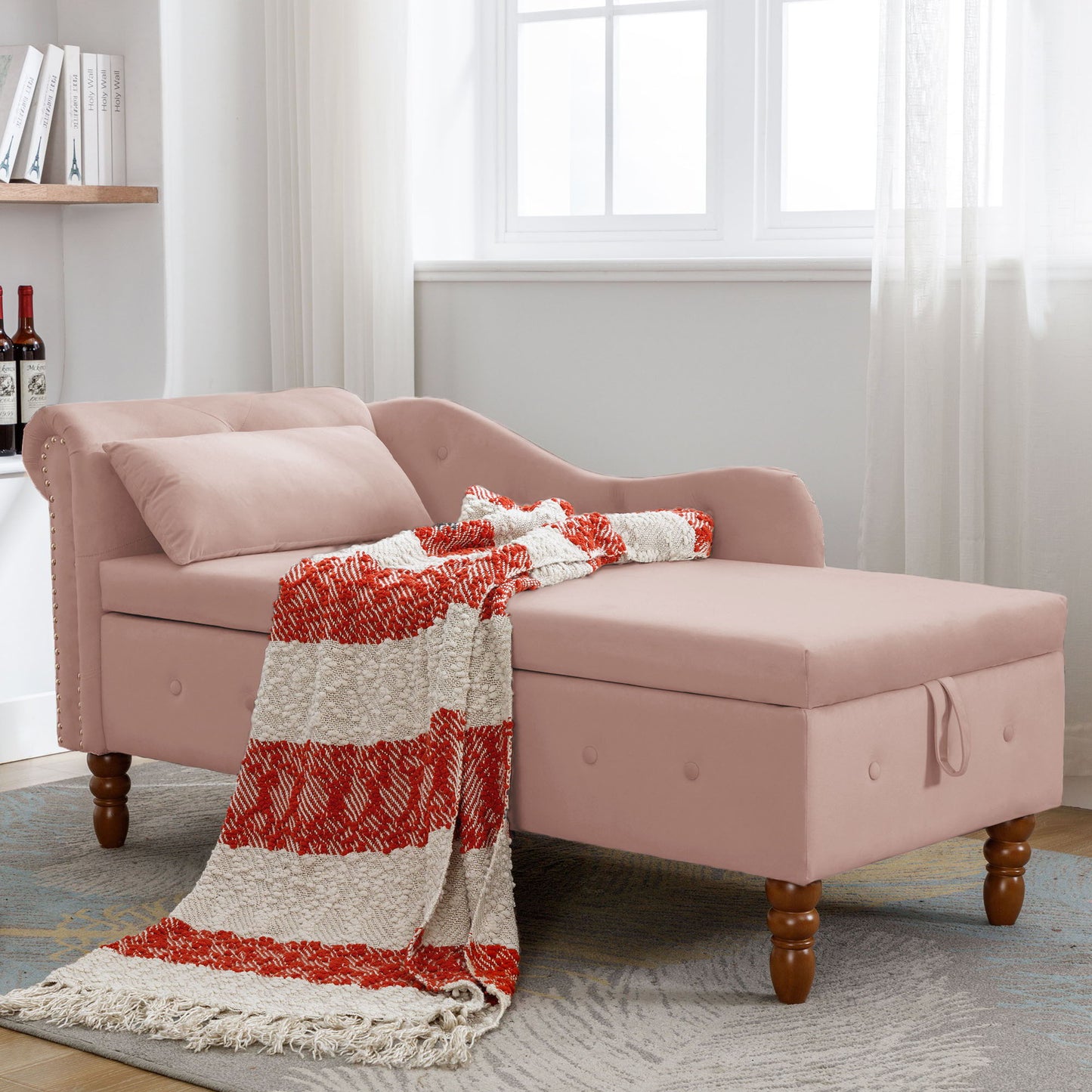 Chaise Lounge Indoor, Velvet Lounge Chair For Bedroom With Storage & Pillow, Modern Upholstered Rolled Arm Chase Lounge For Sleeping With Nailhead Trim For Living Room Bedroom Office - Pink