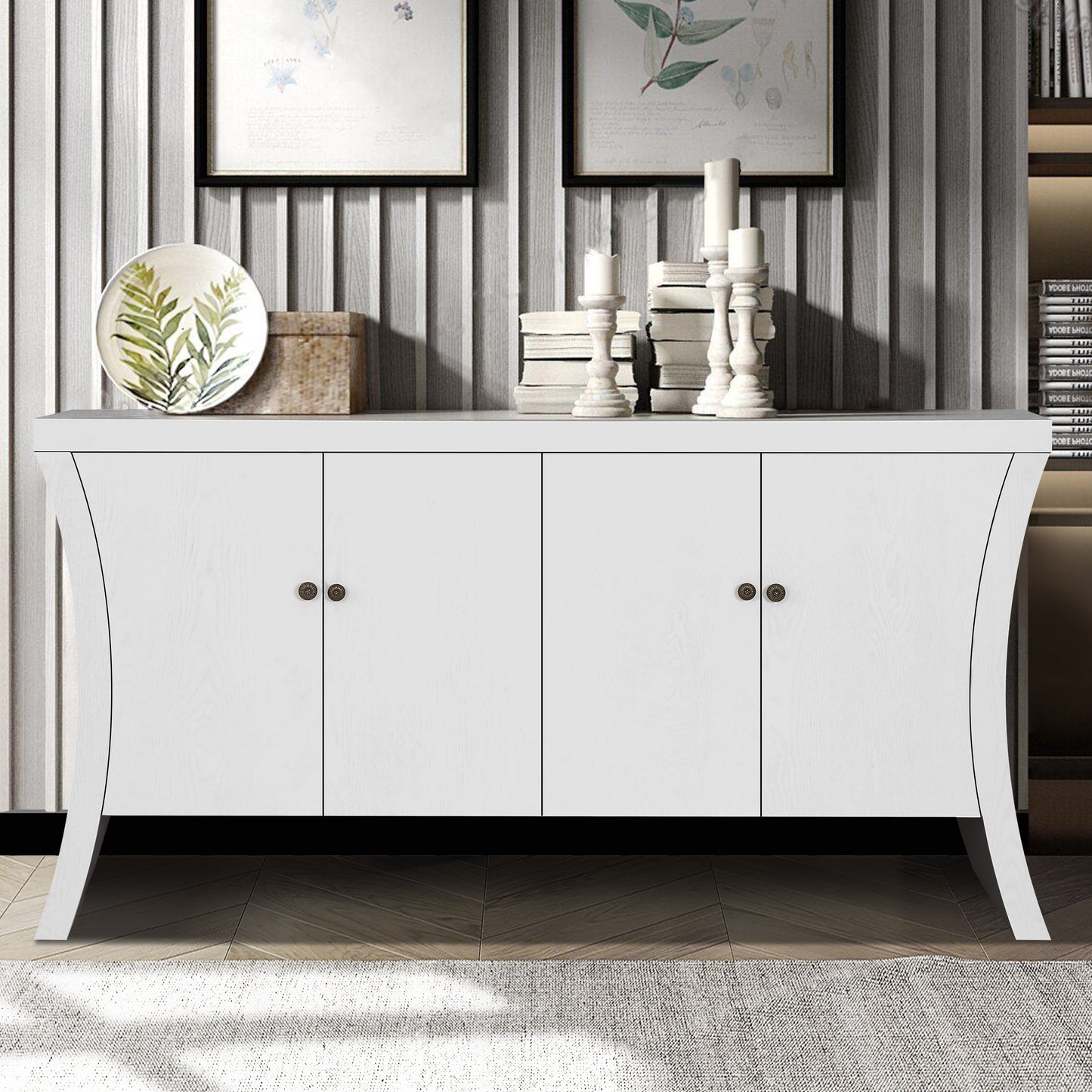 Refined Industrial 4 Door Credenza With Wooden Arc Legs & Bronze Clasps, Advanced Storage Design - White