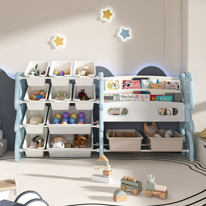 Kids Toy Storage Organizer With 2 Tier Bookshelf, Toy Storage With 12 Bins - Blue