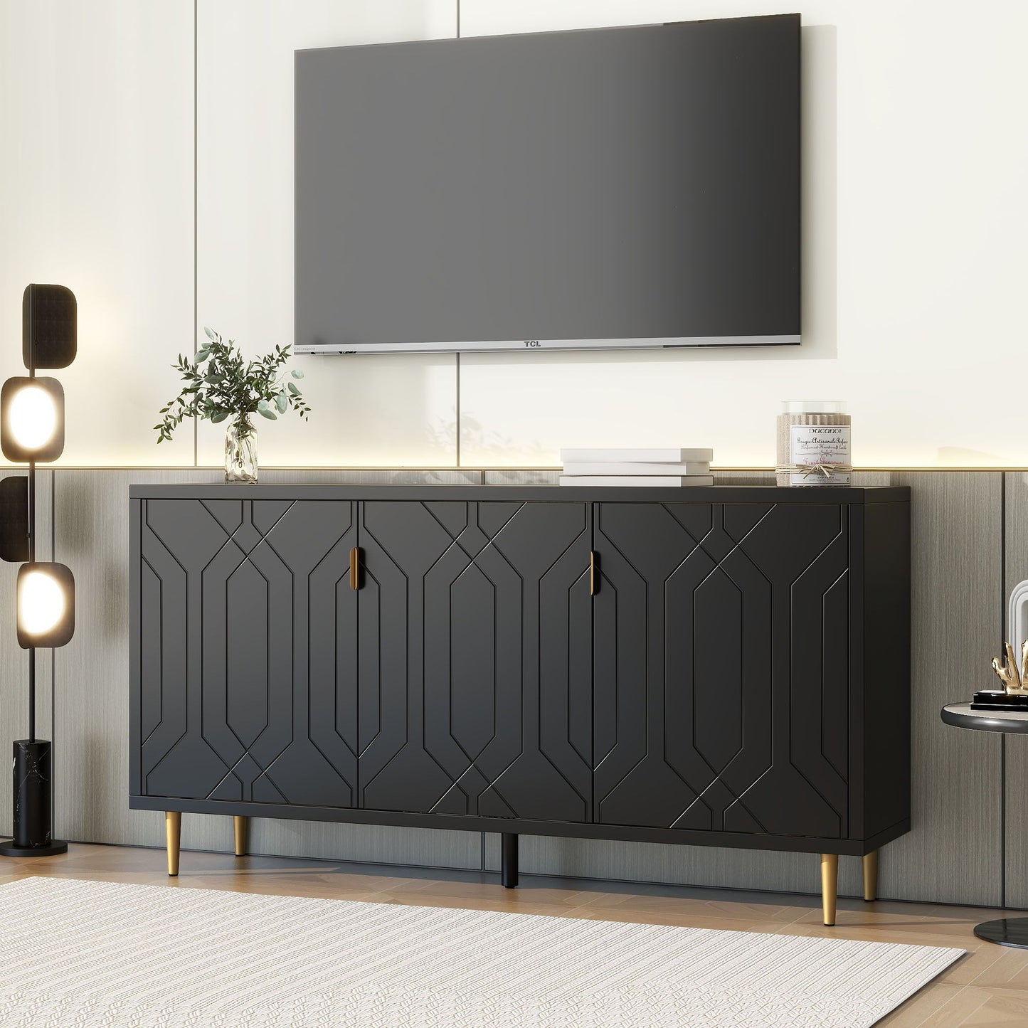 Modern TV Stand With 3 Doors And Adjustable Shelves For Living Room, Fits TVs Up To 70" - Black
