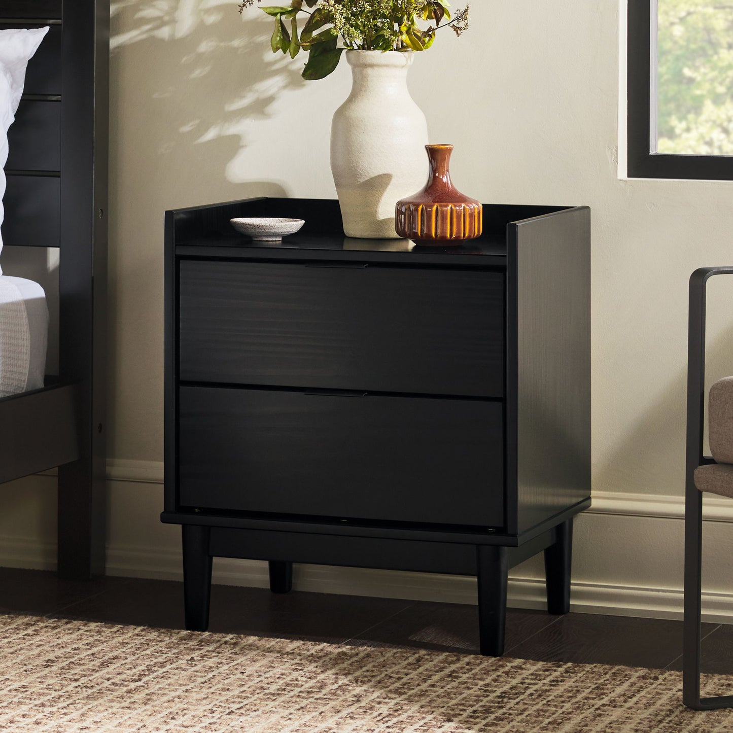Mid-Century Modern 2 Drawer Nightstand - Black
