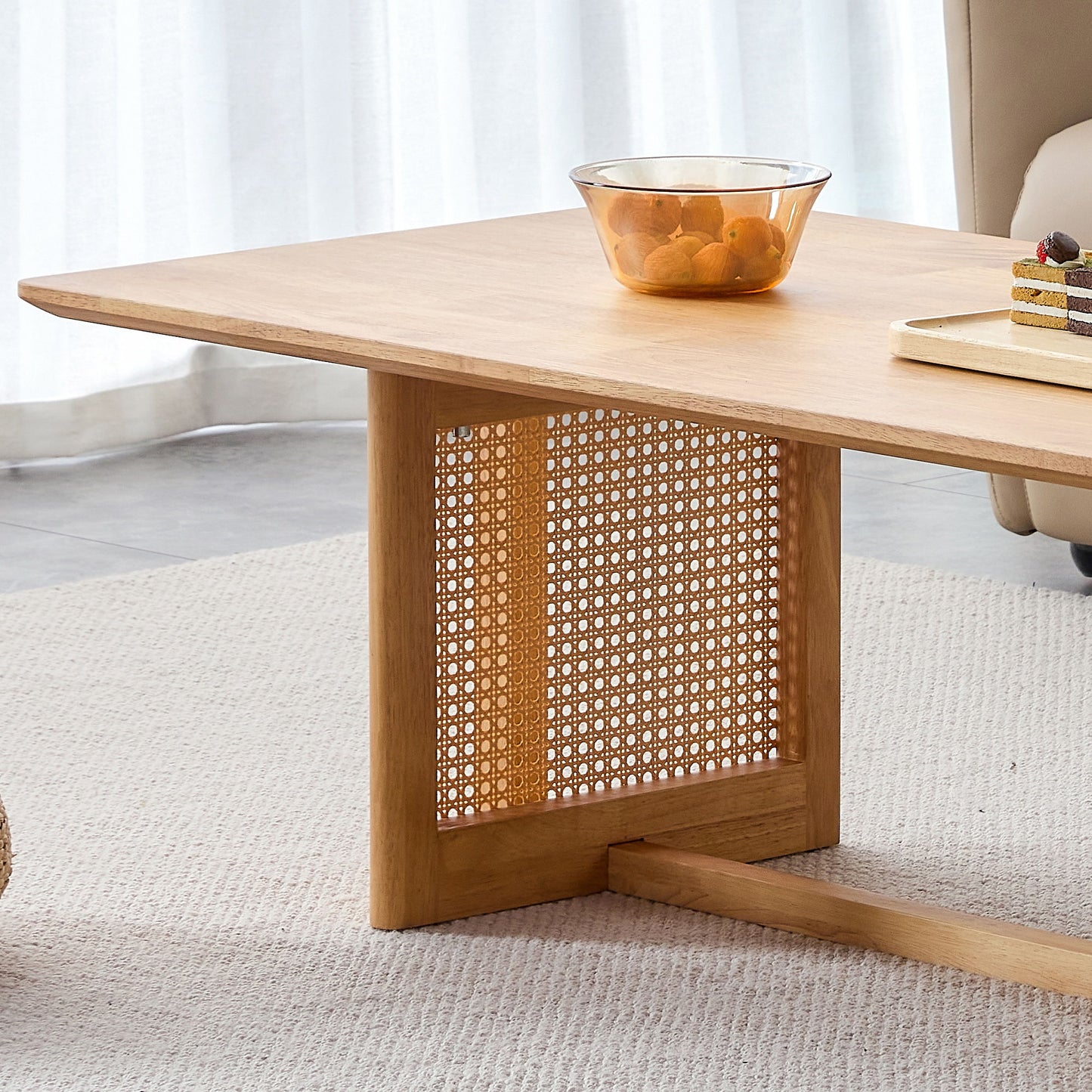 Rubber Wood And Solid Wood Coffee Table Modern Minimalist Rattan Weaving Design, Living Room Balcony, Multifunctional Small Sized Furniture - Natural
