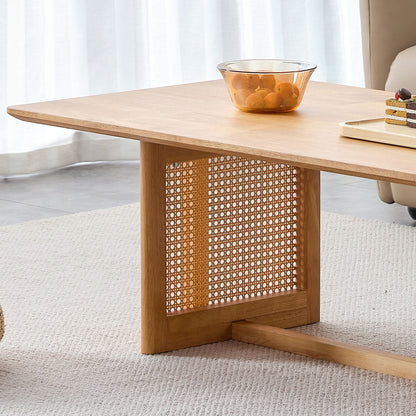 Rubber Wood And Solid Wood Coffee Table Modern Minimalist Rattan Weaving Design, Living Room Balcony, Multifunctional Small Sized Furniture - Natural