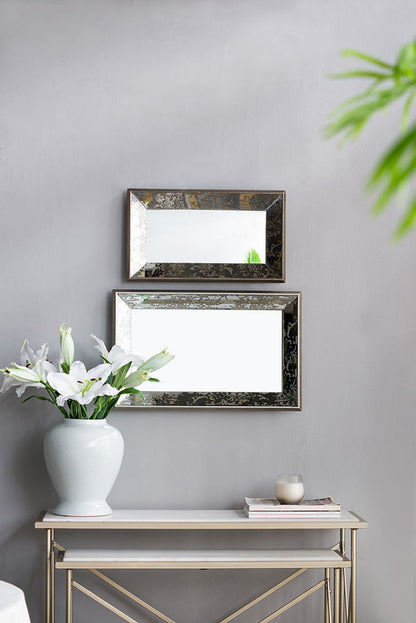 Antique Rectangle Mirror With Floral Accents, Mirrored Display Tray, Hanging Wall Mirror - Silver