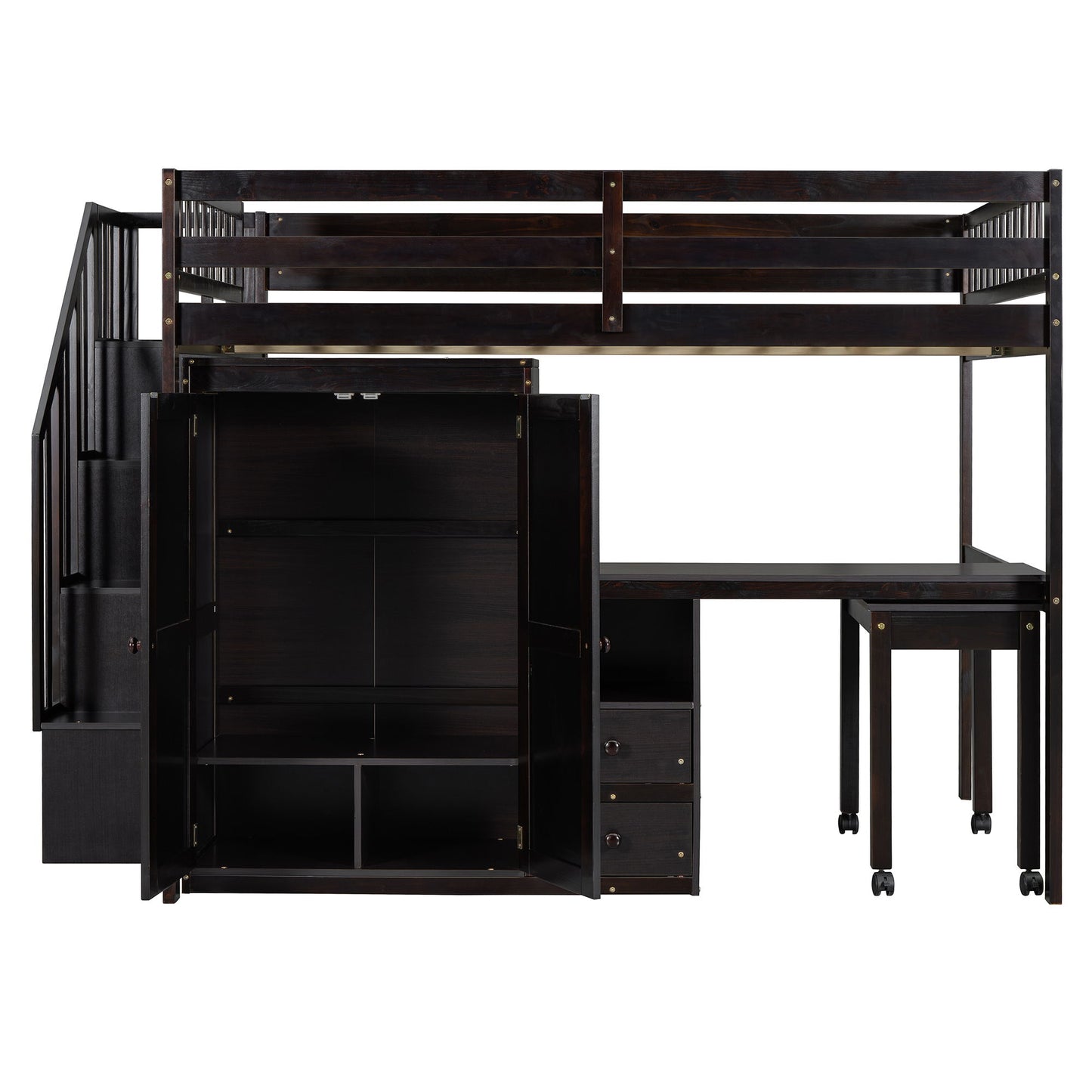 Full Size Loft Bed With Stairs, Bookshelf, Drawers, Desk & Wardrobe, Space Saving Multifunctional Furniture - Espresso