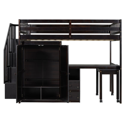Full Size Loft Bed With Stairs, Bookshelf, Drawers, Desk & Wardrobe, Space Saving Multifunctional Furniture - Espresso