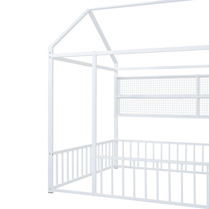 Full Size Bed House Frame With Fence And Shelves - White