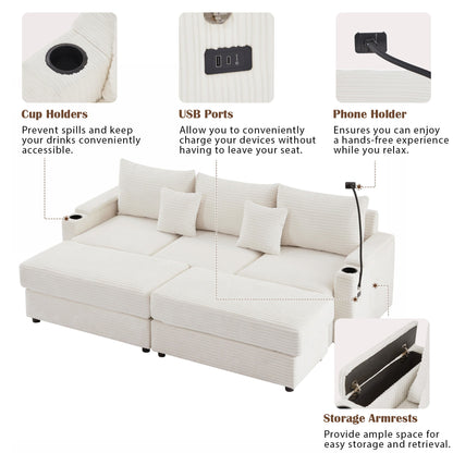 Modern Style 3 Seater Sofa Sectional Sofa Couch With Storage Space, Two Movable Ottomans, Two USB Ports, Two Cup Holders, A Phone Holder For Living Room - Beige