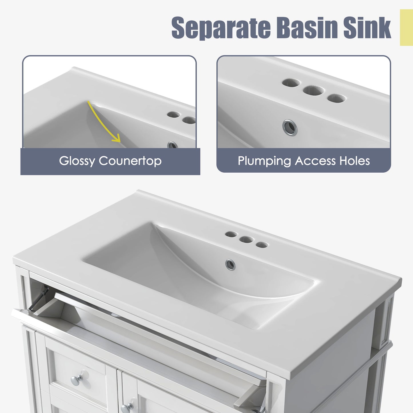 Bathroom Vanity & Top Sink, Modern Bathroom Storage Cabinet, 2 Drawers And A Tip-Out Drawer, Single Sink Bathroom Vanity - White