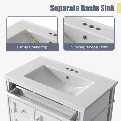 Bathroom Vanity & Top Sink, Modern Bathroom Storage Cabinet, 2 Drawers And A Tip-Out Drawer, Single Sink Bathroom Vanity - White