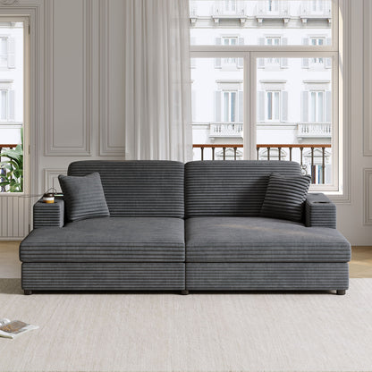 Oversized Loveseat Chaise Lounge Sectional Sofa Bed Corduroy Sleeper Sofa With 2 USB Ports, 2 Cup Holders And 2 Throw Pillows For Living Room And Bedroom - Dark Gray