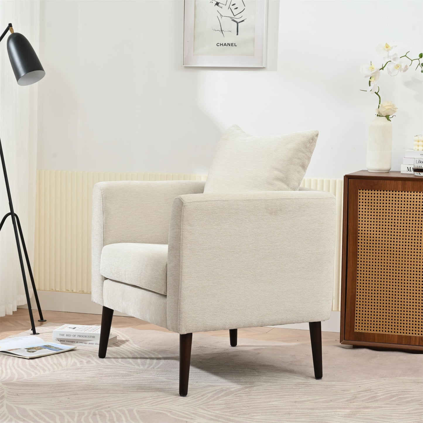 Modern Chenille Accent Chair, Upholstered Armchair For Living Room, Mid Century Fabric Lounge Chair With Pillow, Comfortable Reading Chair With Wood Legs For Living Room, Reception Room - Beige