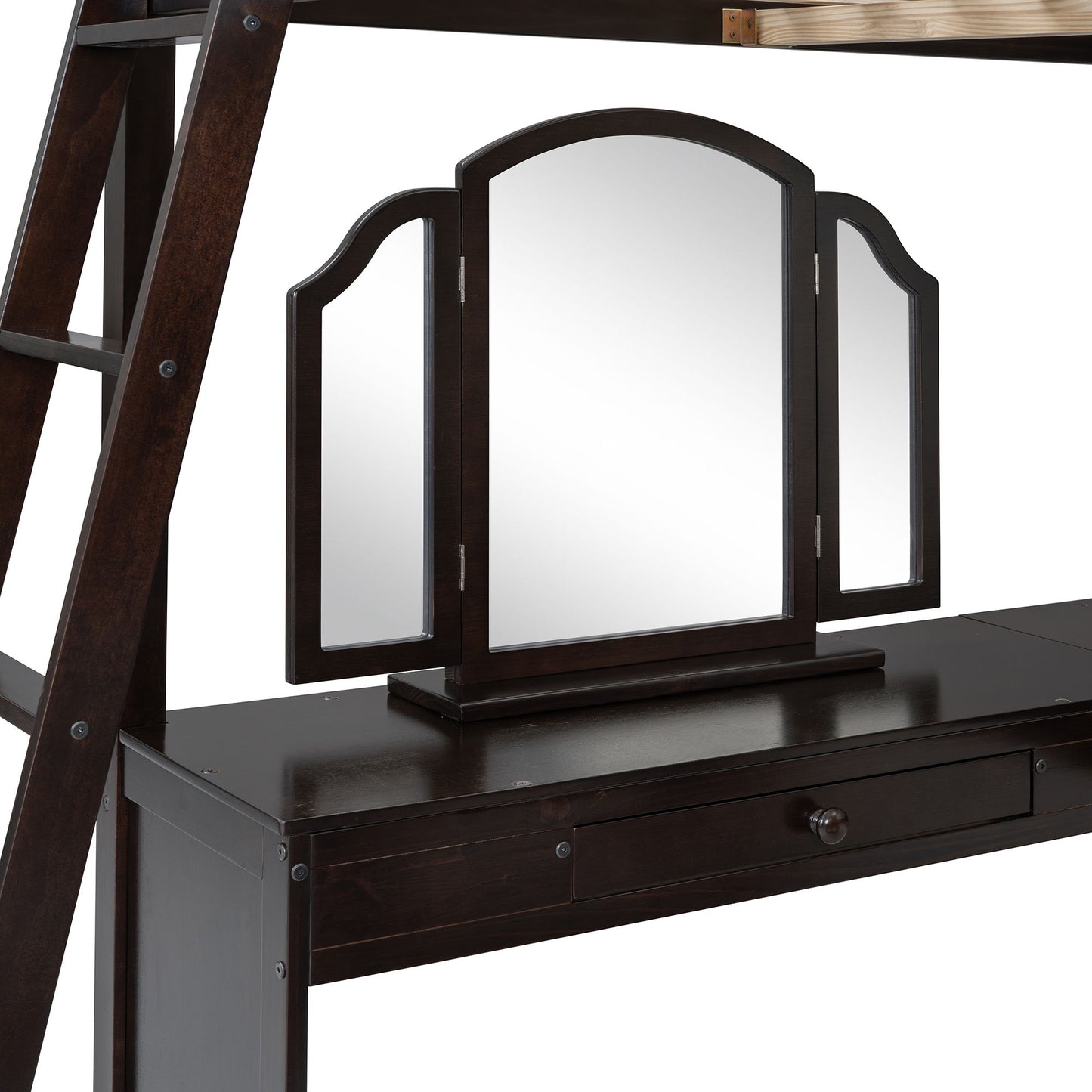 Full Loft Bed With U Shaped Desk, Storage Compartments And Tri Fold Mirror - Espresso