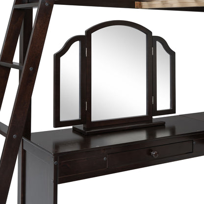 Full Loft Bed With U Shaped Desk, Storage Compartments And Tri Fold Mirror - Espresso