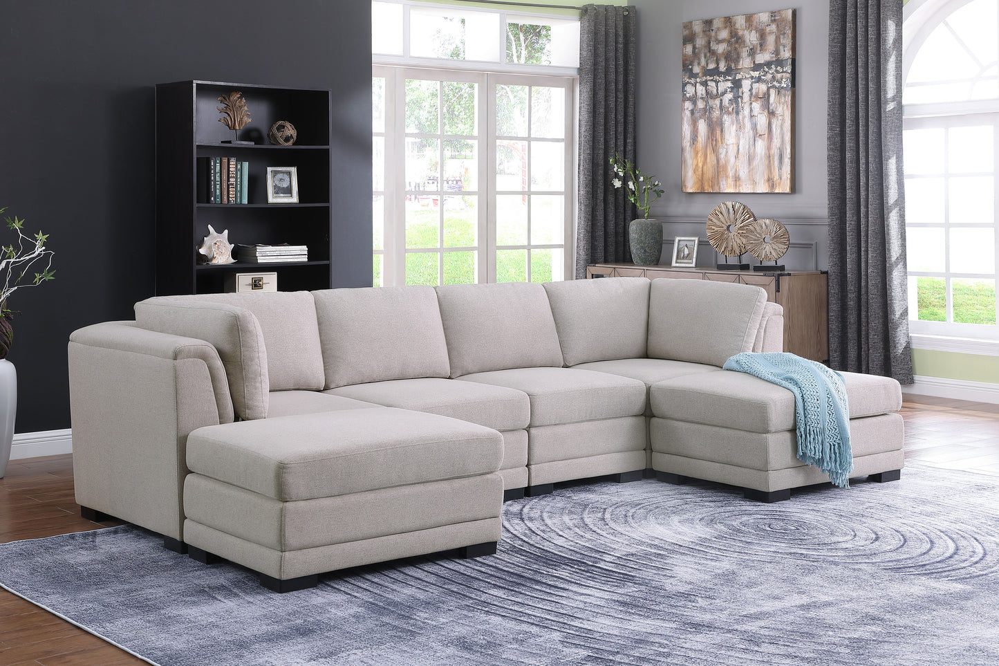 Kristin - Linen Fabric Reversible Sectional Sofa With 2 Ottomans - Light Gray