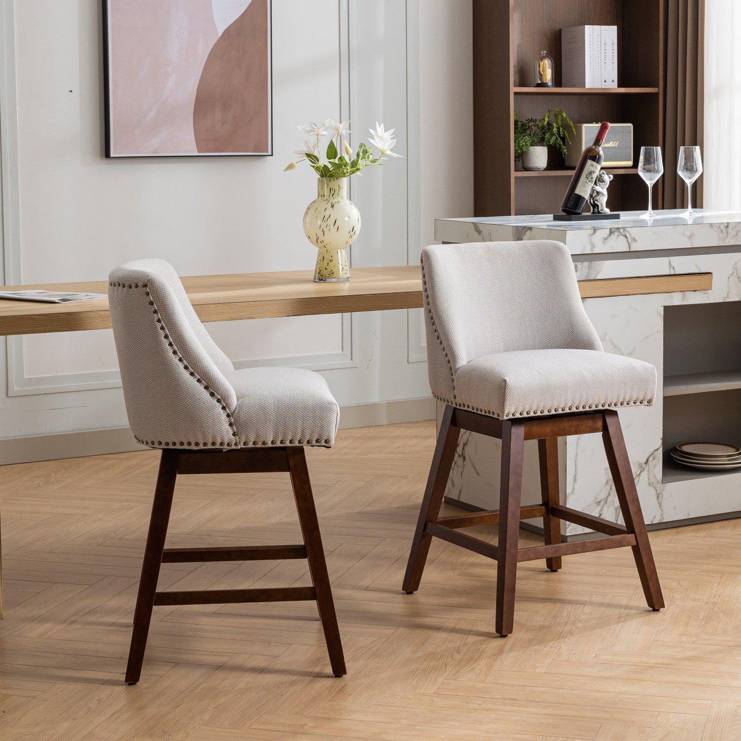 Counter Height Swivel Barstools, Upholstered Bar Stools (Set of 2) - Ivory