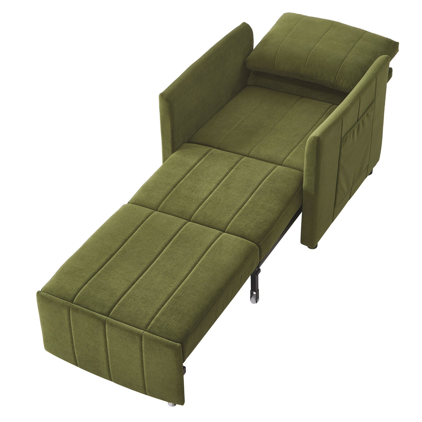 Upholstered Convertible Sleeper Sofa With Adjustable Backrest, Side Pockets, Storage Basket - Green