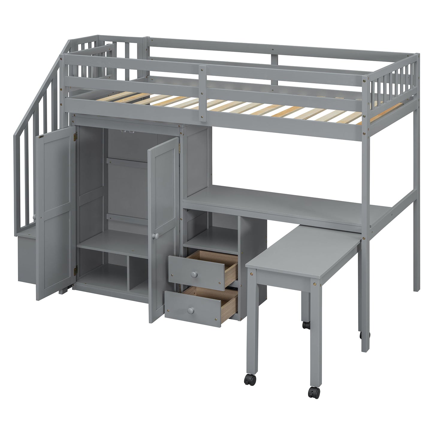 Twin Size Loft Bed With Stairs, Bookshelf, Drawers, Desk & Wardrobe, Space Saving Multifunctional Furniture - Gray