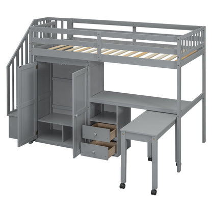 Twin Size Loft Bed With Stairs, Bookshelf, Drawers, Desk & Wardrobe, Space Saving Multifunctional Furniture - Gray
