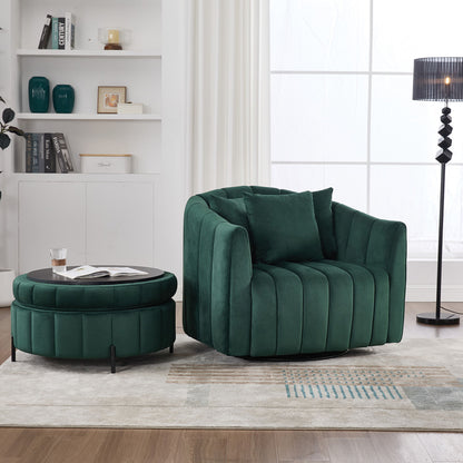 Oversized Swivel Barrel Accent Chair And Ottoman Set With Storage - Green