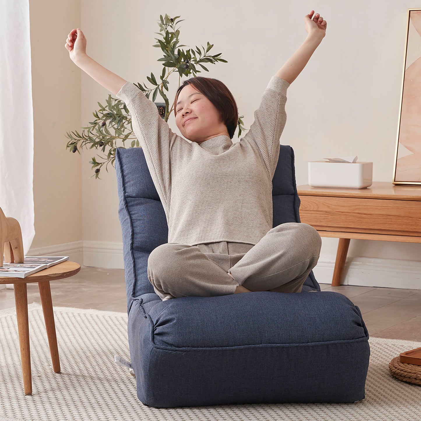 Single Sofa Reclining Japanese Chair Lazy Sofa Tatami Balcony Adjustable Chair - Navy