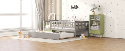 Twin Size Daybed With Trundle And Fence Guardrails - Gray