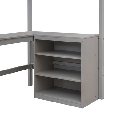 Twin Size Loft Bed With Shelves With Desk - Gray