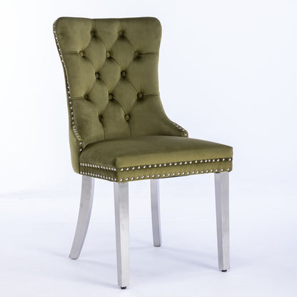 Nikki - Modern, High-End Tufted Solid Wood Contemporary Velvet Upholstered Dining Chair With Chrome Stainless Steel Plating Legs, Nailhead Trim (Set of 2) - Olive Green / Chrome