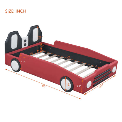 Twin Size Race Car Shaped, Platform Bed & Wheels - Red