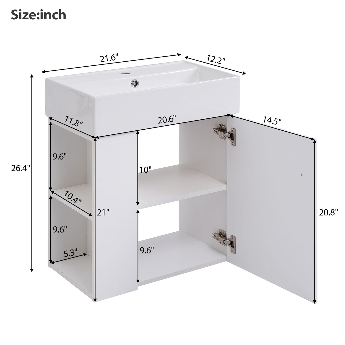 Modern Floating Bathroom Vanity With Ceramic Basin Perfect For Small Bathrooms, Left Side Storage - White