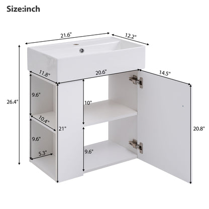 Modern Floating Bathroom Vanity With Ceramic Basin Perfect For Small Bathrooms, Left Side Storage - White