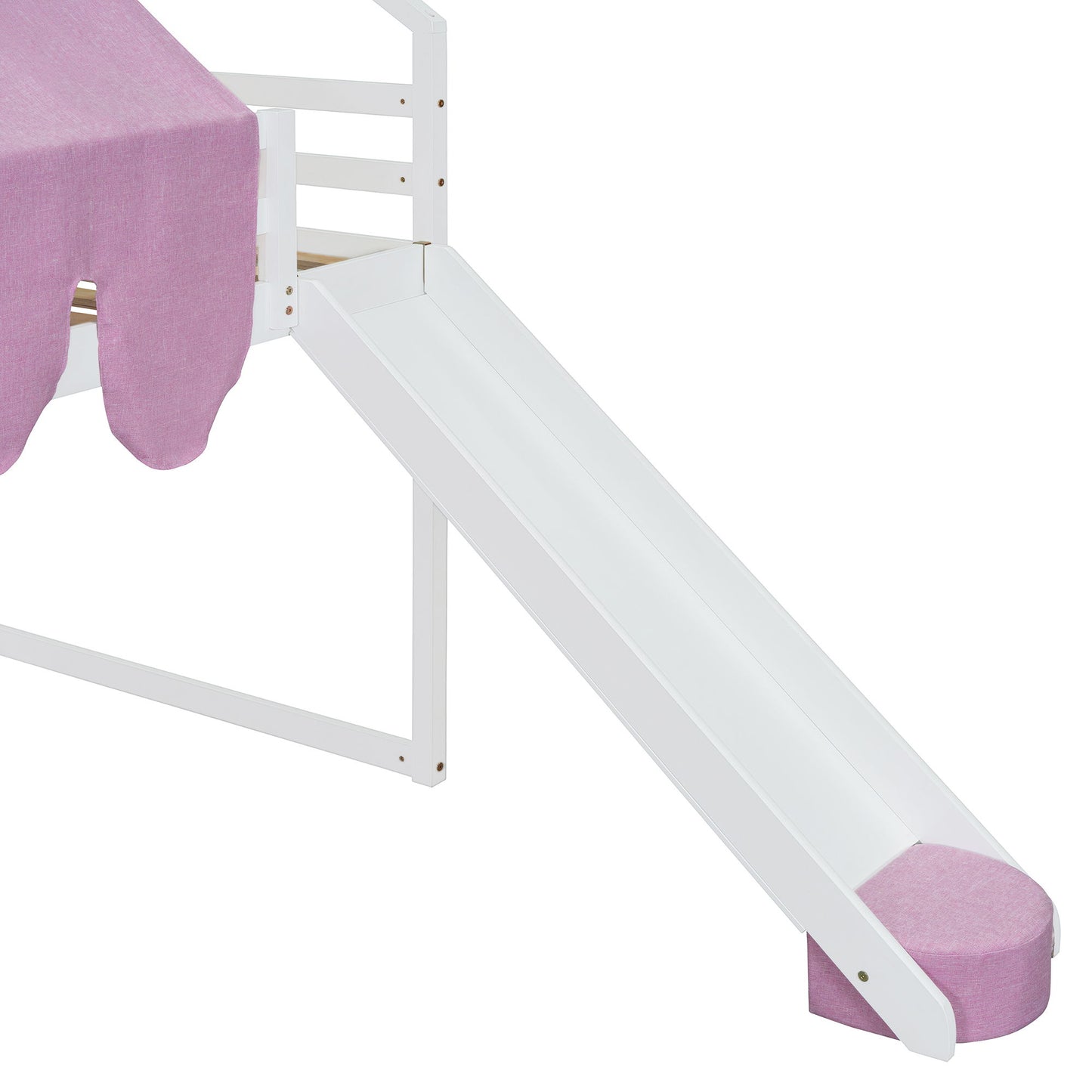 Full Size Loft Bed With House Shaped Frame And Tent - White / Pink