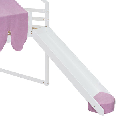 Full Size Loft Bed With House Shaped Frame And Tent - White / Pink