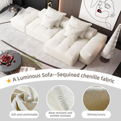Modern Oversized Modular Sectional Sofa With Ottoman, Seat, Chaise Lounge And Armrest, Sparkling Chenille Fabric Soft Cushion Sofa With 4 Pillows, 4 Pieces Diy Combination Tufted Sofa, No Assembly Required - Beige
