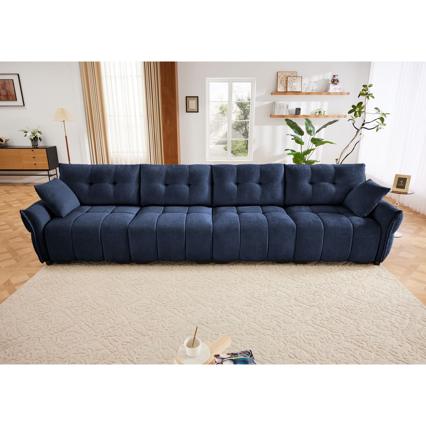 Modern 4 Seater Sofa Frame In Premium, High Resilience Cushions, Versatile Seating - Blue