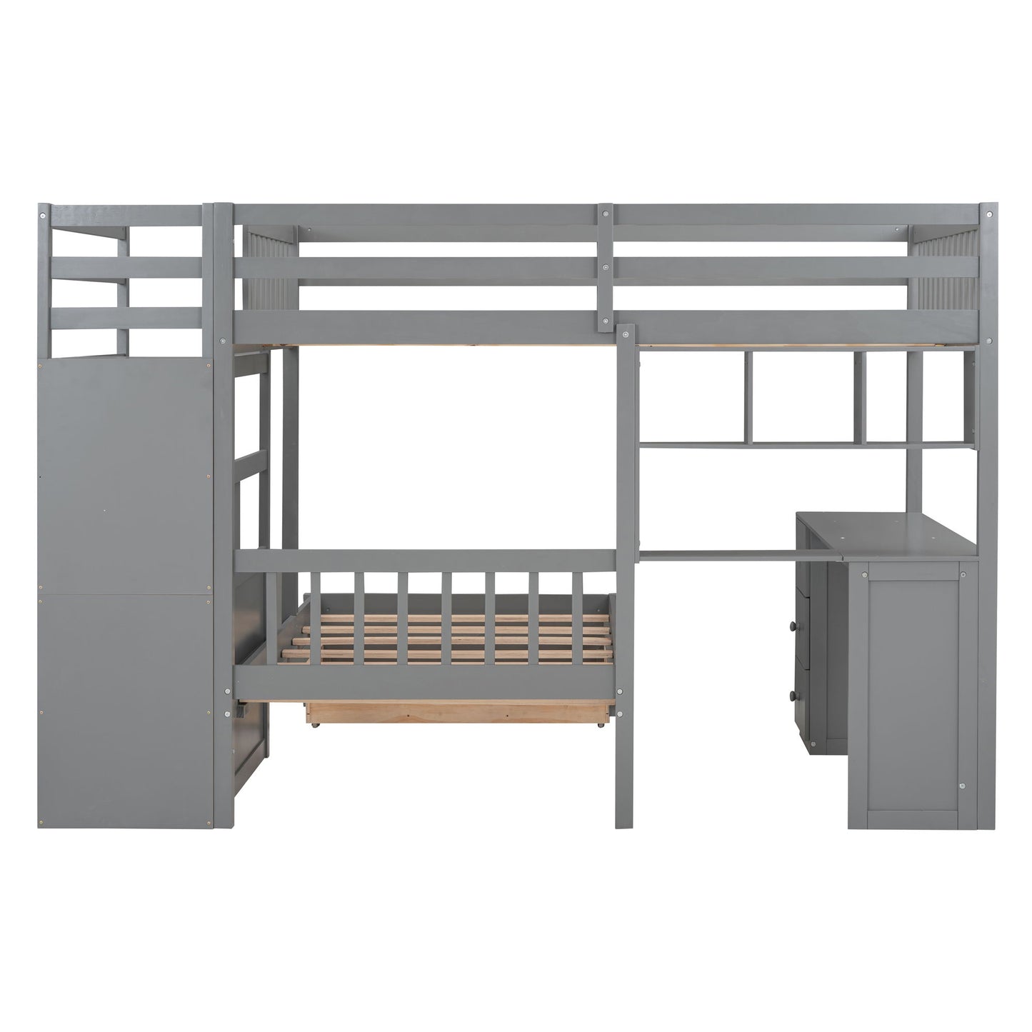 Full Over Twin Bunk Bed With Desk, Drawers And Shelves - Gray