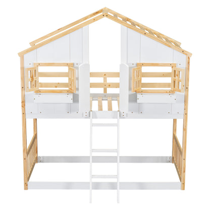Twin Over Twin House Bunk Bed With Roof, Window, Window Box, Door, With Safety Guardrails And Ladder - Natural / White