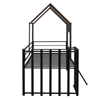 Twin Size Loft Bed With Roof, Window, Guardrail, Ladder - Black