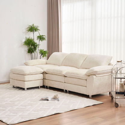 Modern Deep 3 Seat Sofa Couch With Ottoman, Polyester Sofa Sleeper Comfy Upholstered Furniture For Living Room - Beige