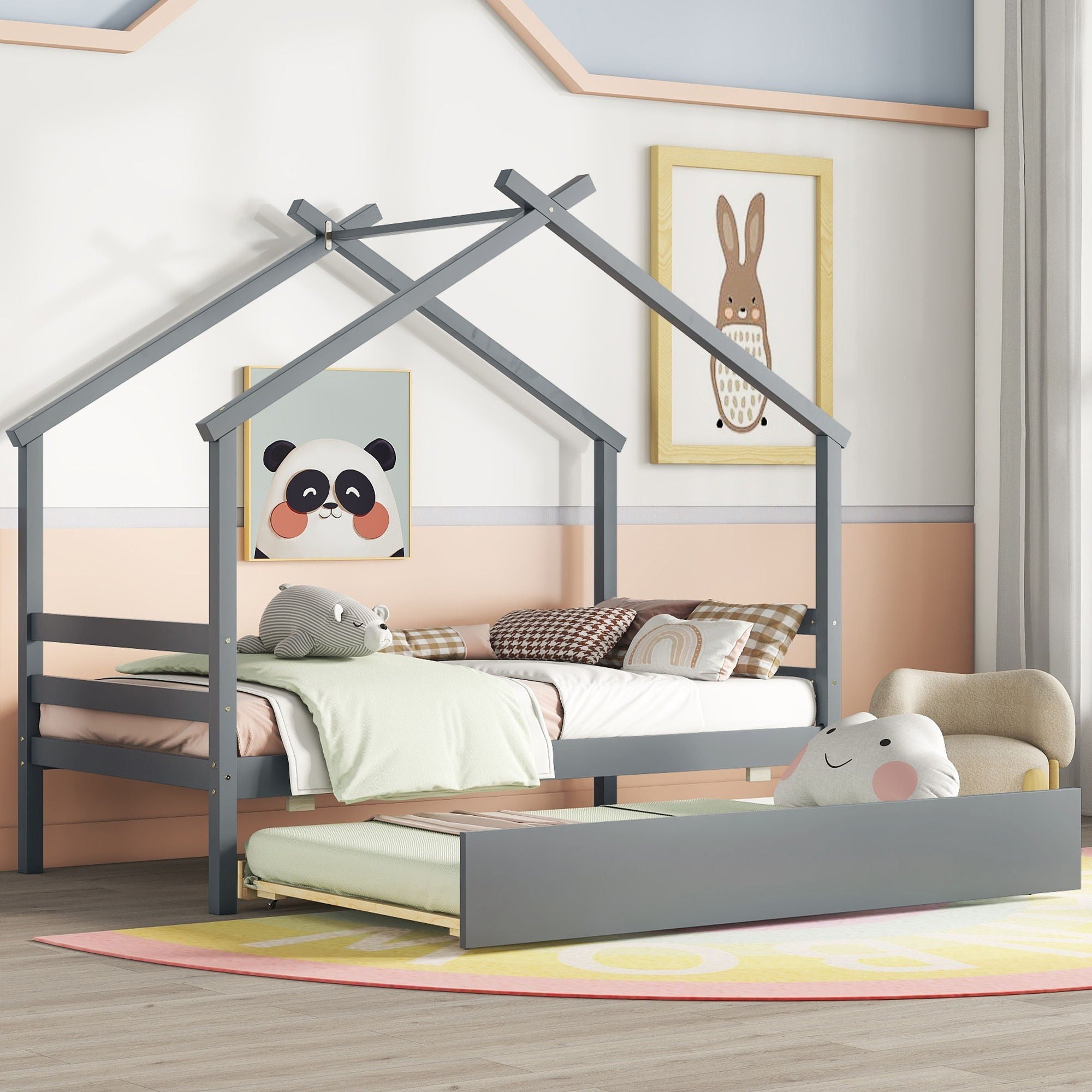 Twin Size House-Shaped Bed With Trundle - Gray