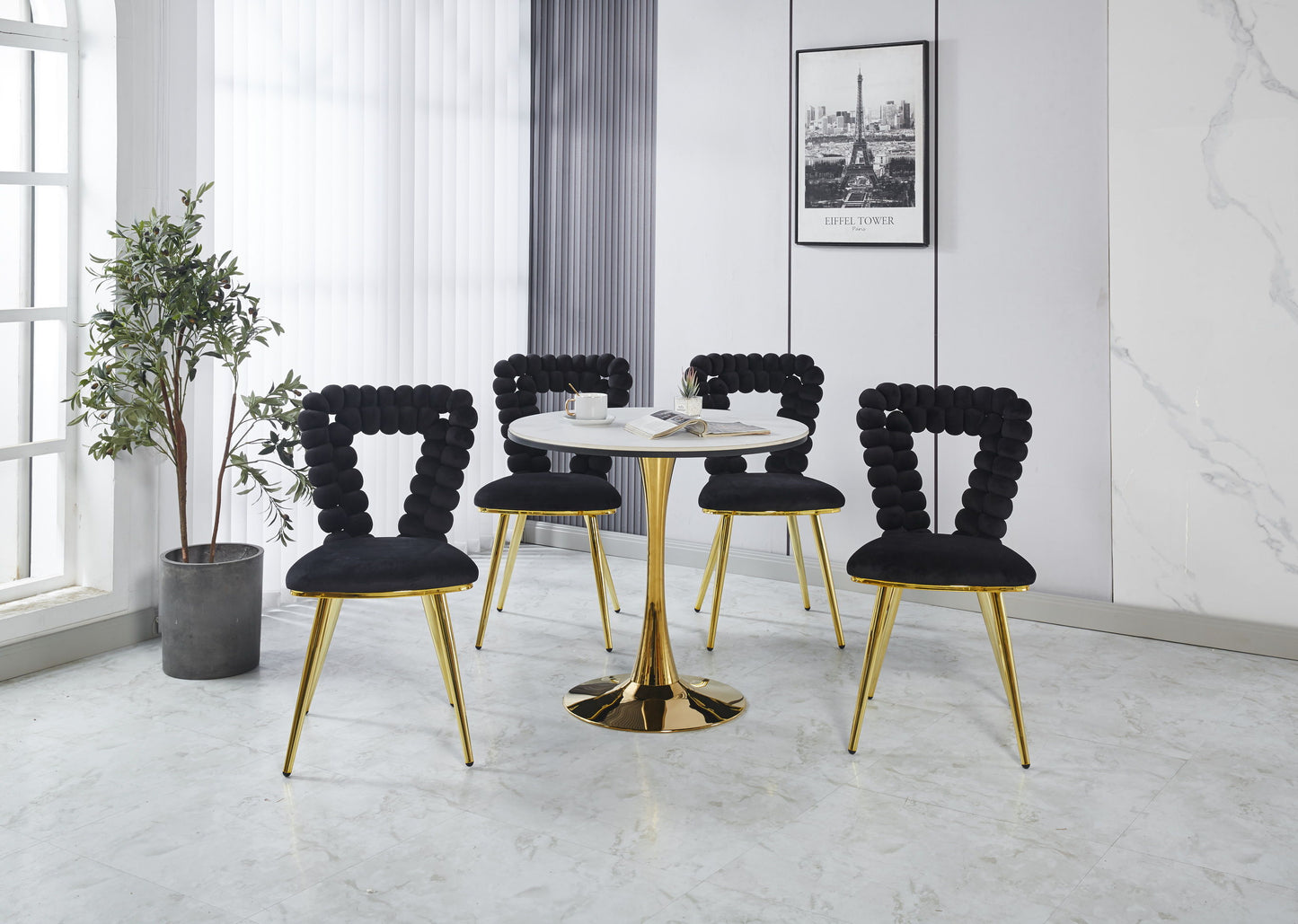 Modern Chair With Golden Iron Tube Legs - Black Soft Cushions And Comfortable Backrest, Suitable For Dining Room, Living Room, Cafe, Hairball Back (Set of 2) - Black