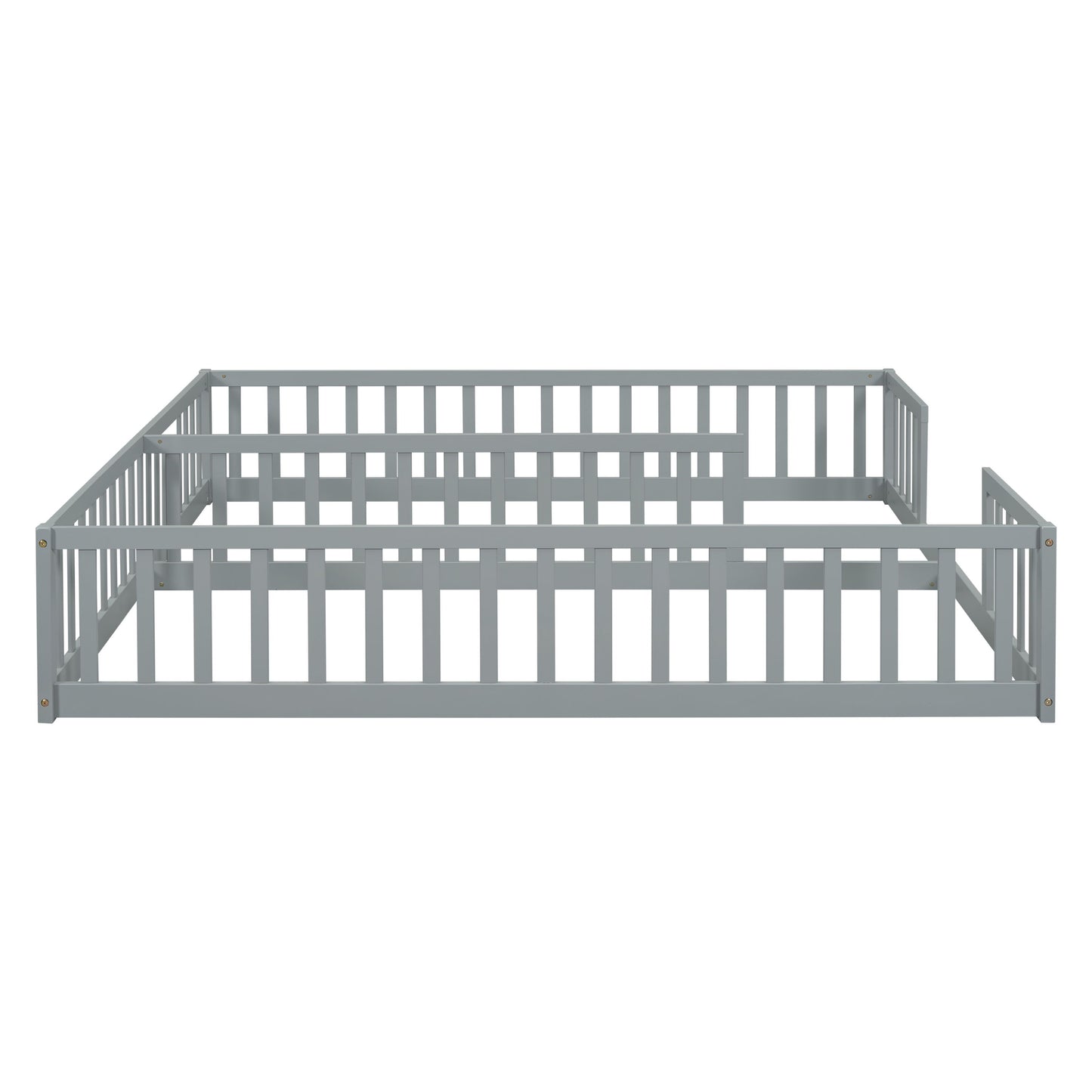 Double Twin Floor Bed With Fence, Guardrails, Without Door - Gray