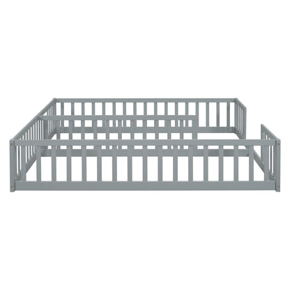 Double Twin Floor Bed With Fence, Guardrails, Without Door - Gray