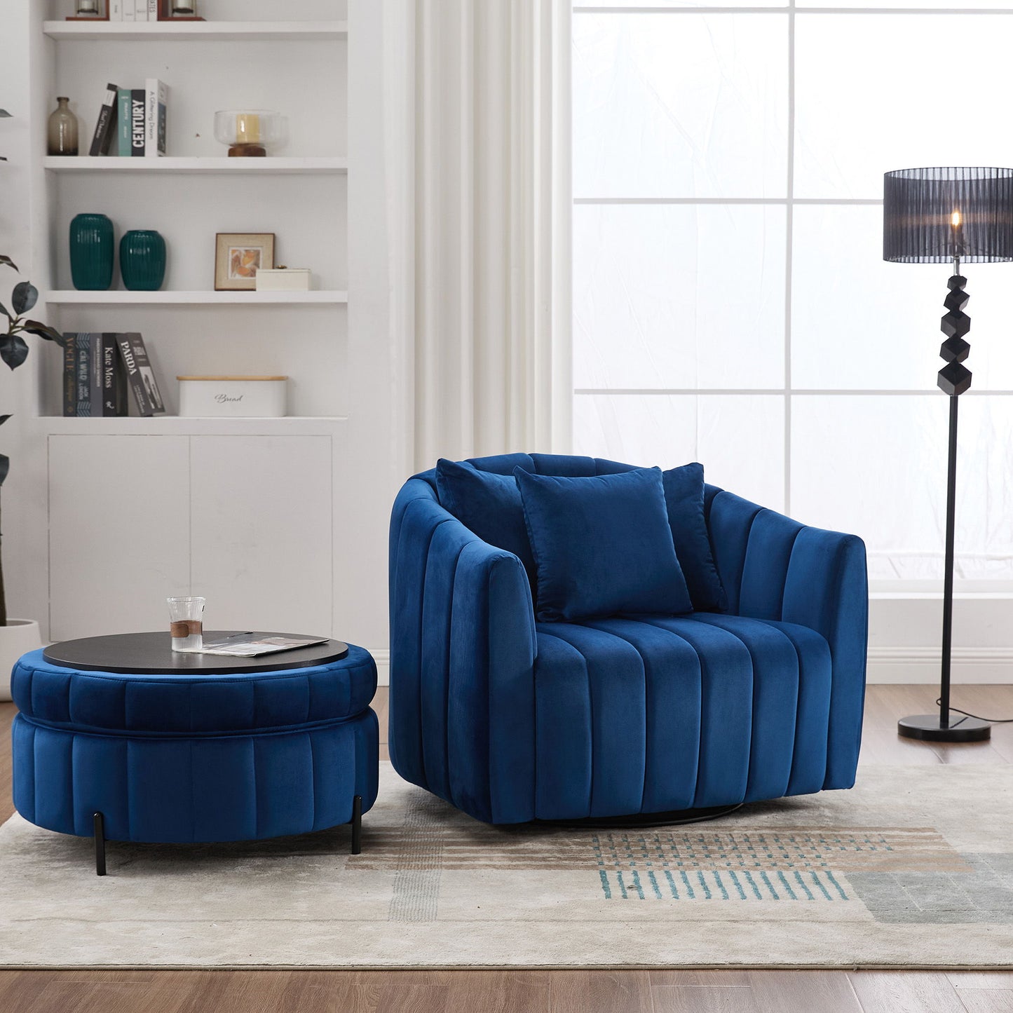 Oversized Swivel Barrel Accent Chair And Ottoman Set With Storage - Navy