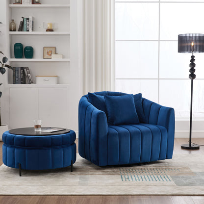 Oversized Swivel Barrel Accent Chair And Ottoman Set With Storage - Navy