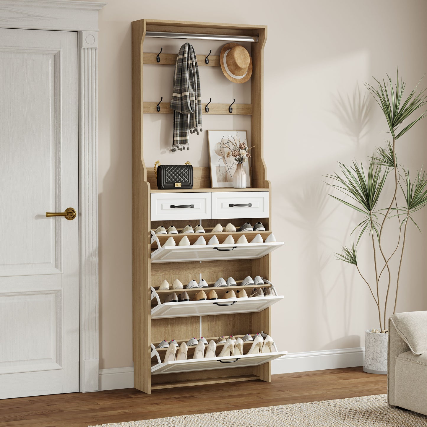 Shoe Cabinet With 3 Doors 2 Drawers With Hanger, Door With Shape, Large Space For Storage - White