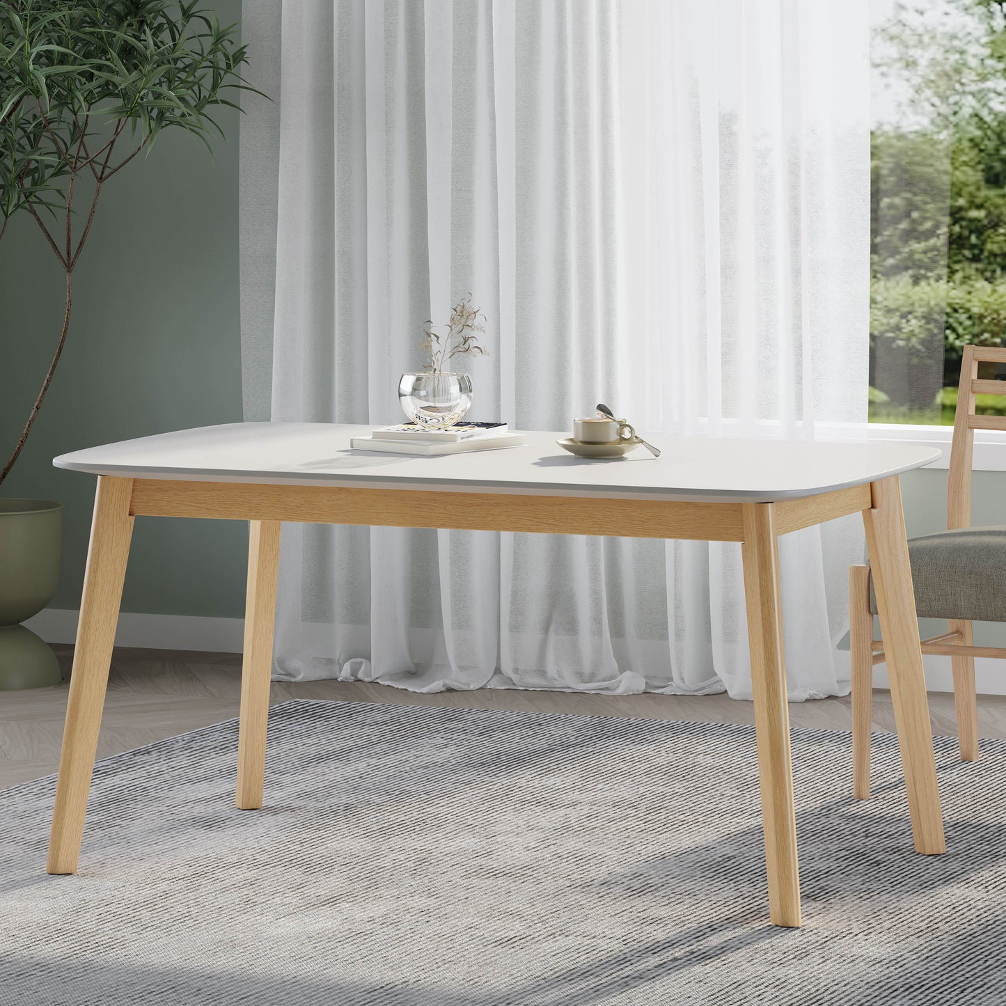 Dining Table With Splayed Rubberwood Legs & Faux Wood Tabletop, Mid Century Modern - White Oak